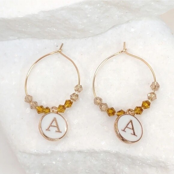 Initial Charm Earrings Gold and White - Picture 3 of 10